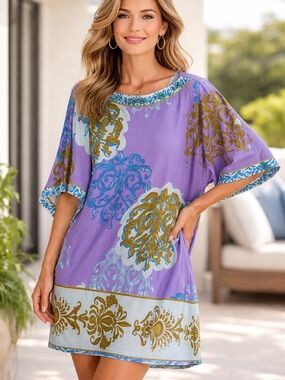 Hale Bob Purple Print Mini Dress Medium Turquoise Boho Resort Vacation Flowy